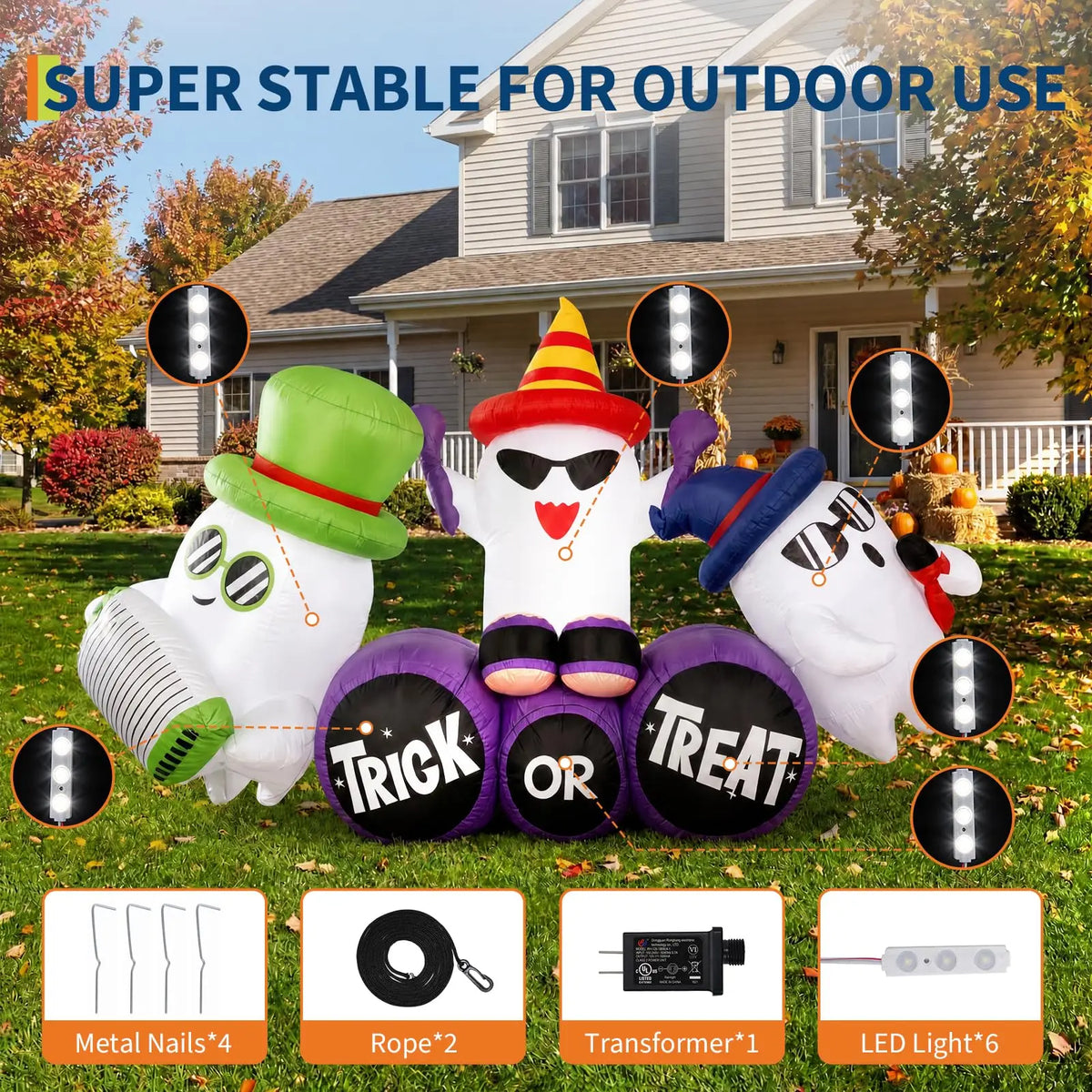 8ft Halloween Ghost Band Inflatable Outdoor Yard Decor With 6 Led Lights, Trick Or Treat Blow Up For Lawn Porch Garden Party Display