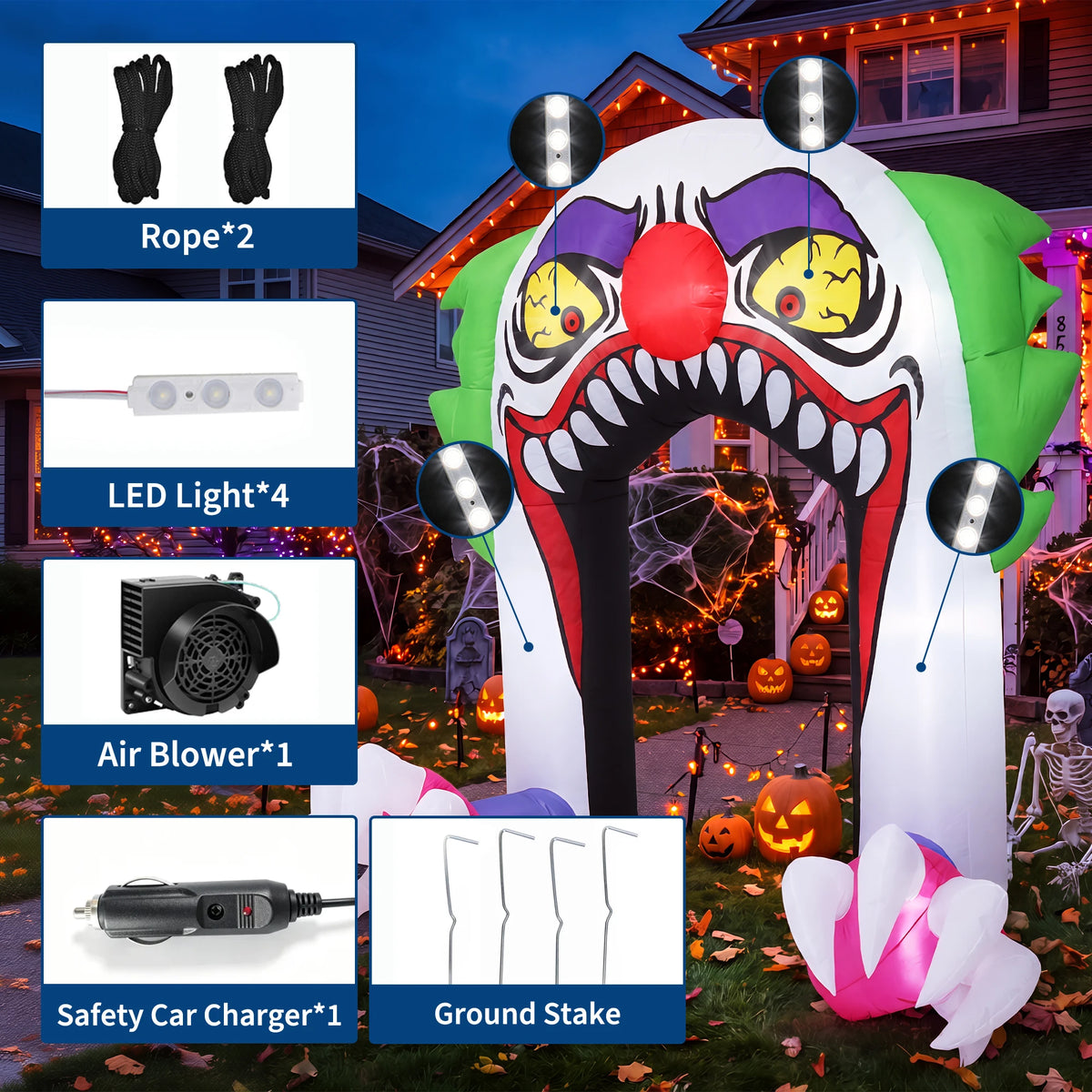 180cm LED Light Up Inflatable Halloween Clown Arch Scary Outdoor Yard Decoration for Lawn and Garden Weather Resistant Blow Up Holiday Party Spooky Night Display Prop Supplies