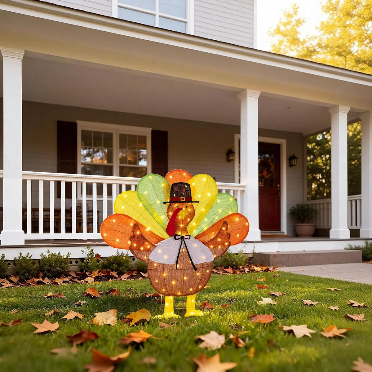 Lighted Thanksgiving Decorations, Turkey Decor with 100 Warm White LED Lights Pilgrim Hat Bow Tie, Outdoor Holiday Display for P