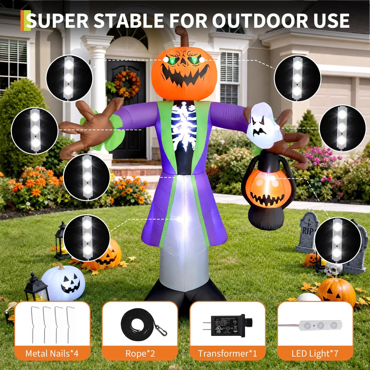 2.4M Lighted Inflatable Halloween Zombie Pumpkin with LED Lights Waterproof Outdoor Yard Decor for Garden Lawn Porch Built in Fan Stakes Spooky Party Holiday Display Supplies