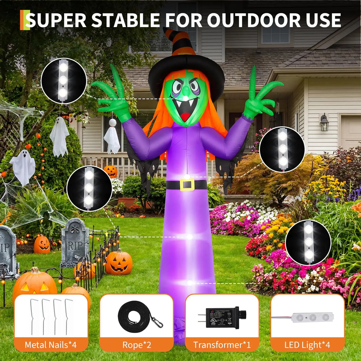 Inflatable Halloween Witch Decoration 360cm Tall Spooky Outdoor Yard Decor with Hat Taffeta Fabric for Spooky House and Party Blow Up Holiday Festival Display Equipment