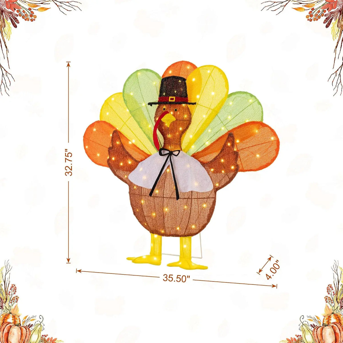 Lighted Thanksgiving Decorations, Turkey Decor with 100 Warm White LED Lights Pilgrim Hat Bow Tie, Outdoor Holiday Display for P
