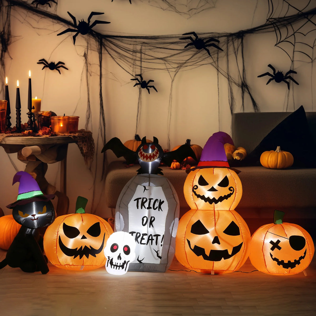 8 ft Long Halloween Inflatables Outdoor Decorations Blow Up Pumpkin Black Cat with Build in LED Lights Bat Tombstone Inflatable Yard Lawn Porch Party Holiday Display Supplies Props