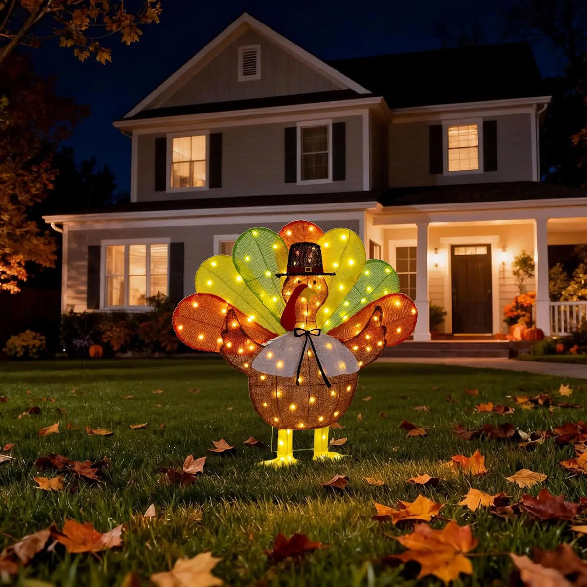Lighted Thanksgiving Decorations, Turkey Decor with 100 Warm White LED Lights Pilgrim Hat Bow Tie, Outdoor Holiday Display for P