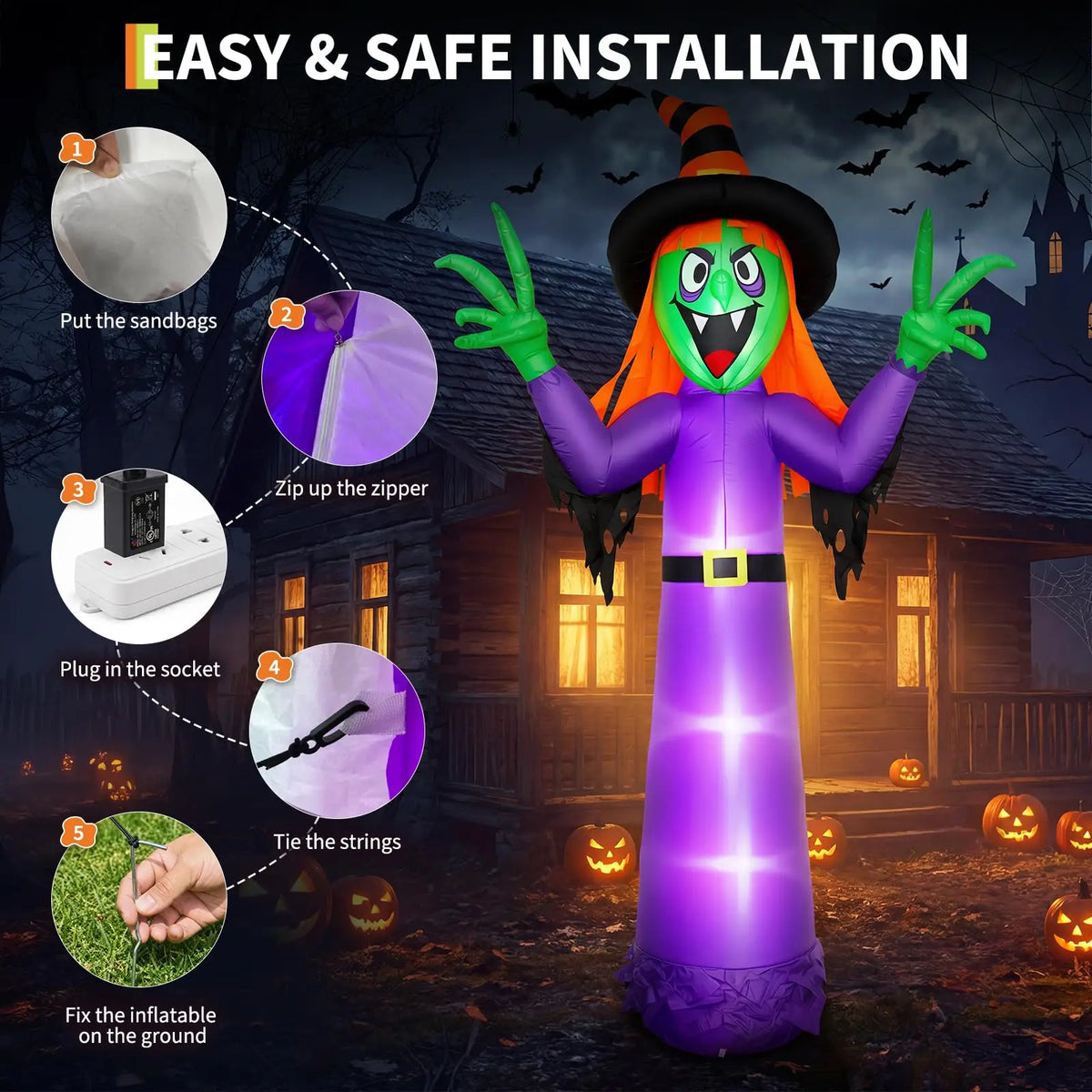 Inflatable Halloween Witch Decoration 360cm Tall Spooky Outdoor Yard Decor with Hat Taffeta Fabric for Spooky House and Party Blow Up Holiday Festival Display Equipment