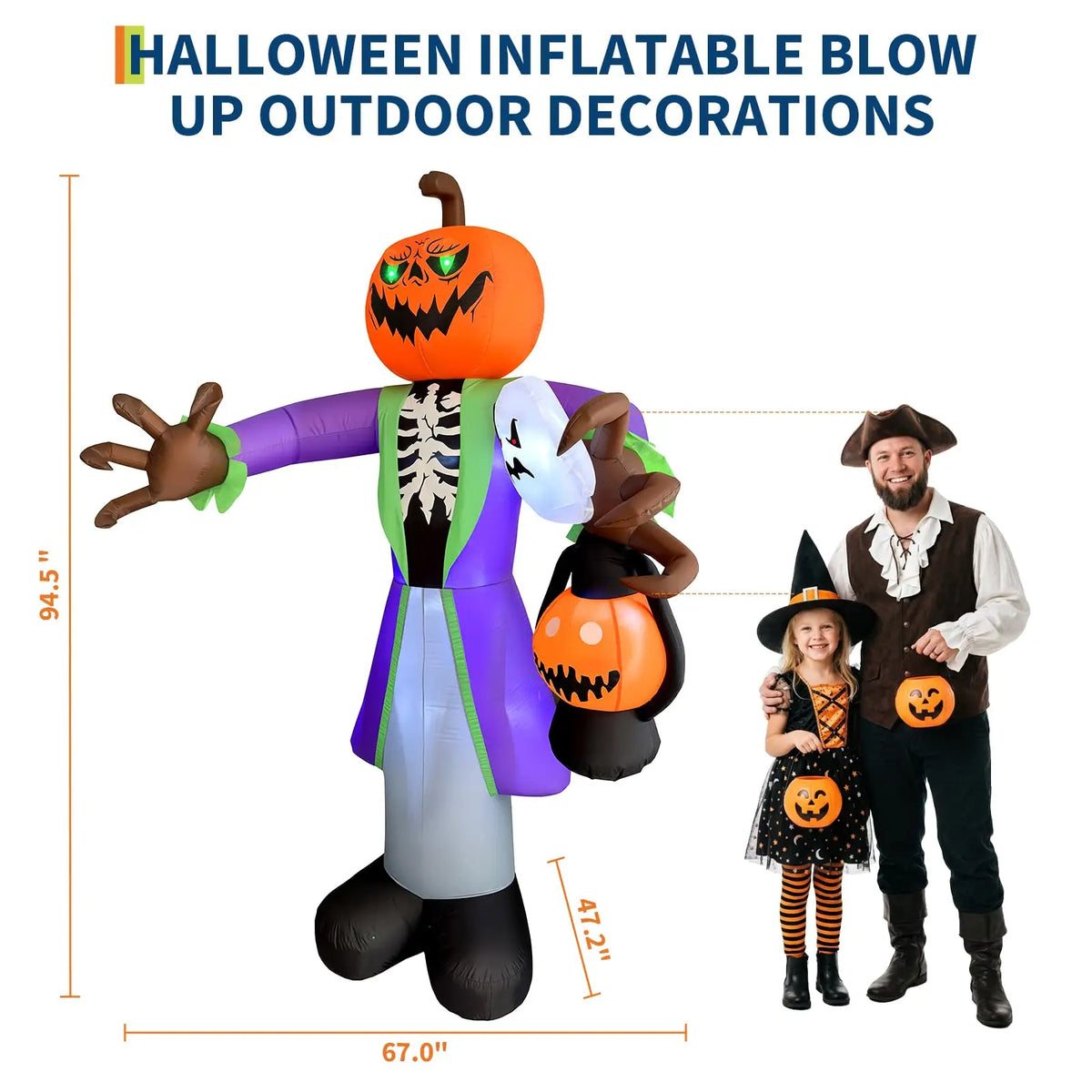 2.4M Lighted Inflatable Halloween Zombie Pumpkin with LED Lights Waterproof Outdoor Yard Decor for Garden Lawn Porch Built in Fan Stakes Spooky Party Holiday Display Supplies