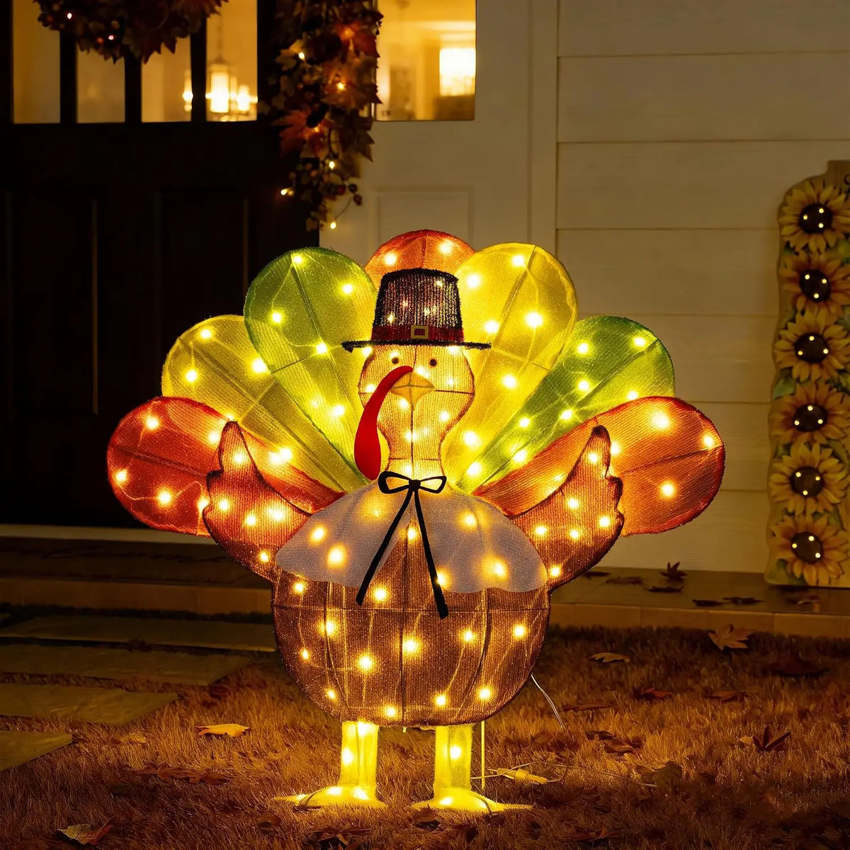 Lighted Thanksgiving Decorations, Turkey Decor with 100 Warm White LED Lights Pilgrim Hat Bow Tie, Outdoor Holiday Display for P