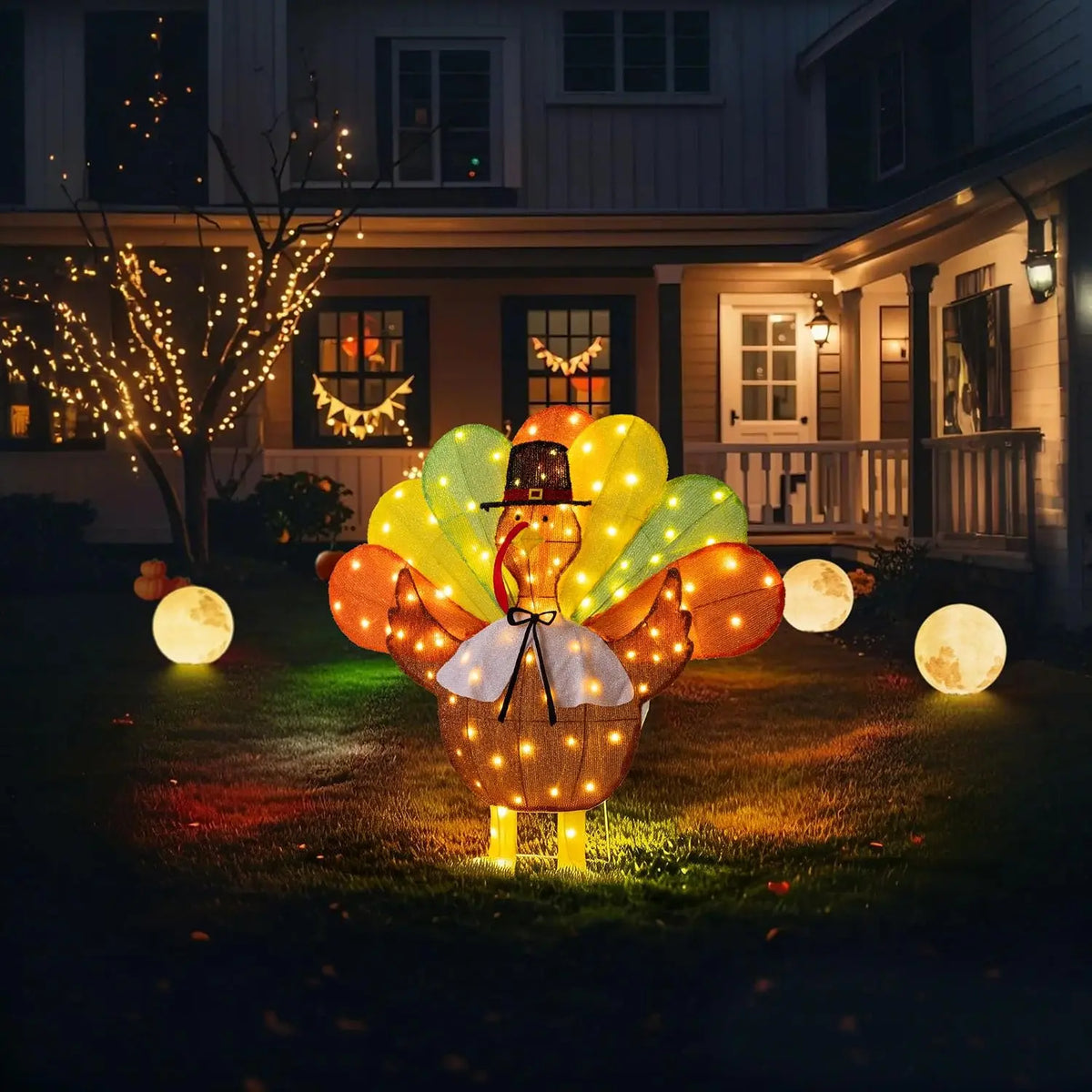 Lighted Thanksgiving Decorations, Turkey Decor with 100 Warm White LED Lights Pilgrim Hat Bow Tie, Outdoor Holiday Display for P