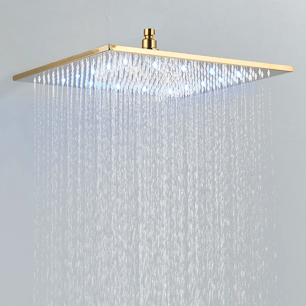 Wall Mounted Square Brass Rainfall Showerhead Featuring Led Lights