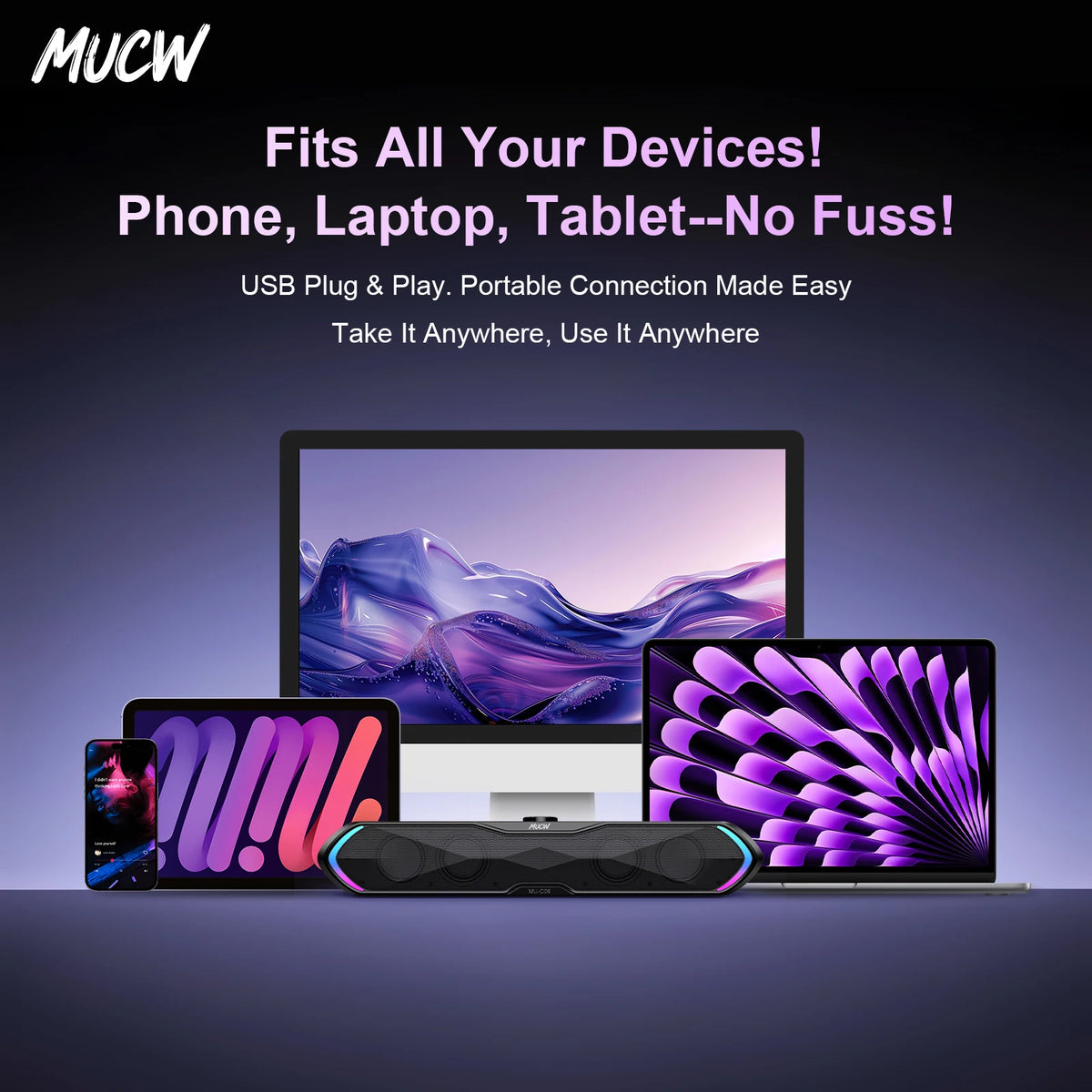 MUCW MU‑C06 PC Soundbar RGB Gaming Computer Speaker USB Plug Play Bluetooth 5.3 Sound Bar 6W Stereo Desktop Speaker for Laptop Mac Phone