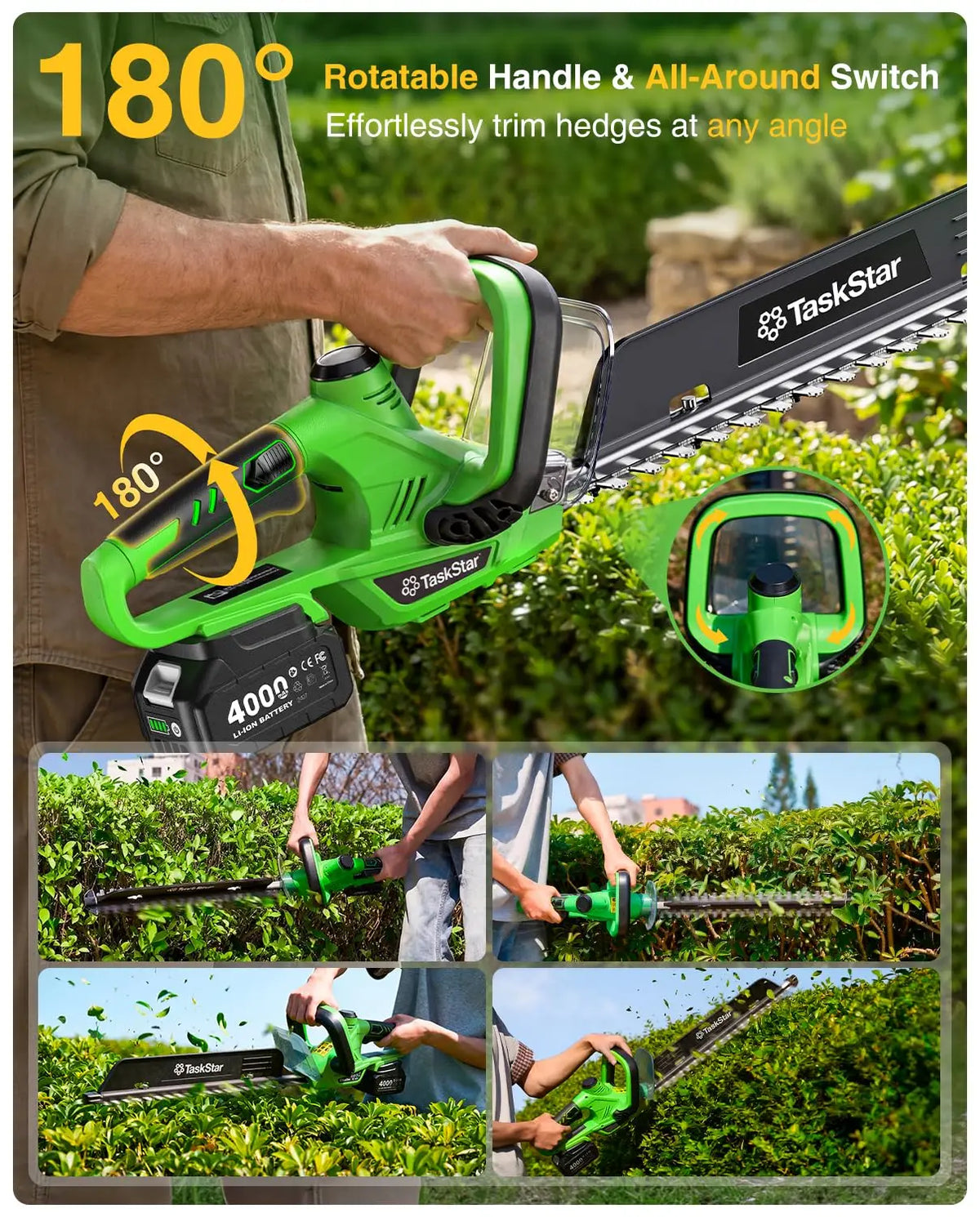 TaskStar Cordless Hedge Trimmer With Rotatable Handle And Debris Remover