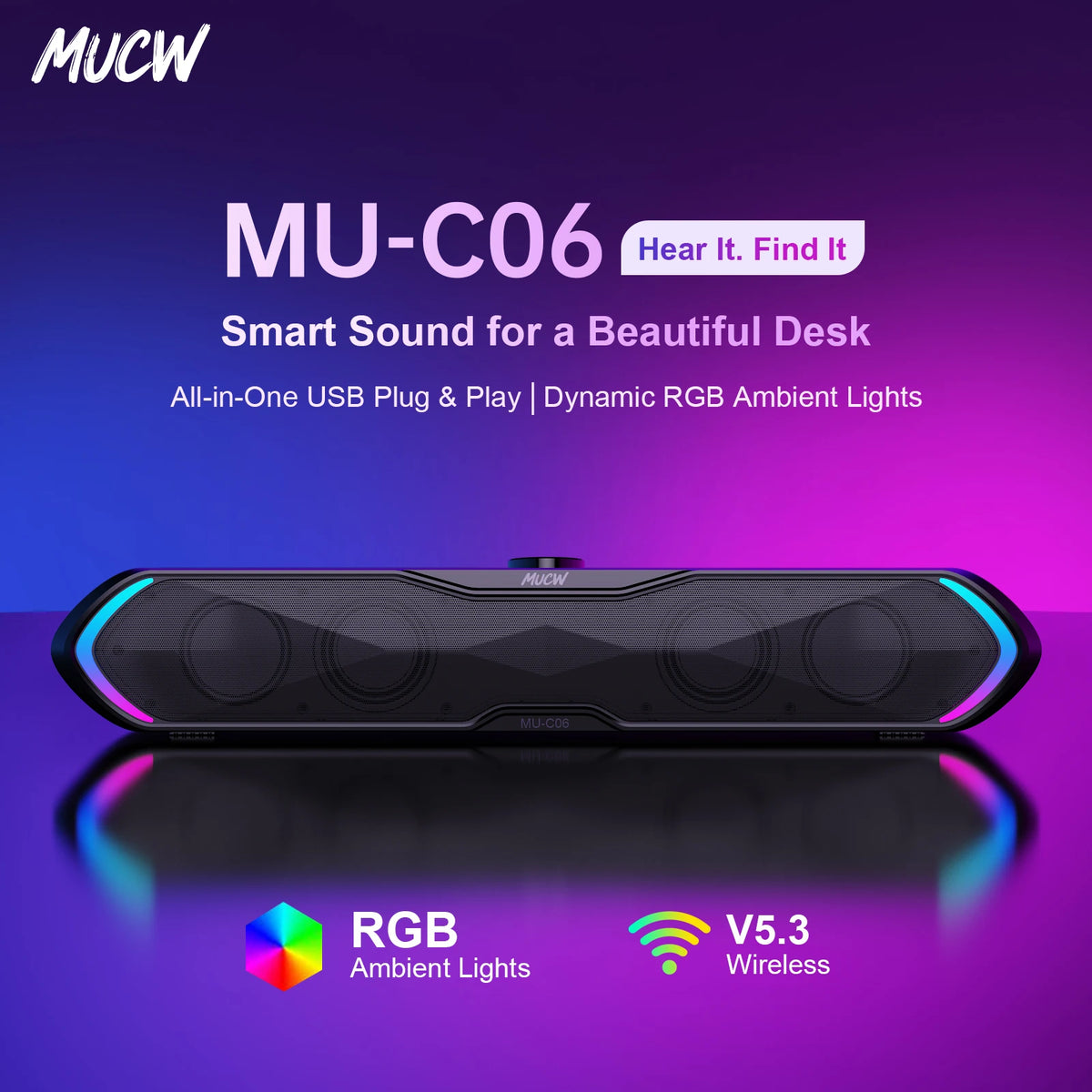 MUCW MU‑C06 PC Soundbar RGB Gaming Computer Speaker USB Plug Play Bluetooth 5.3 Sound Bar 6W Stereo Desktop Speaker for Laptop Mac Phone