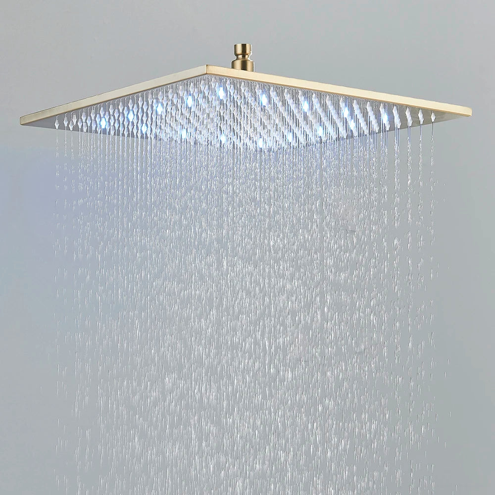 Wall Mounted Square Brass Rainfall Showerhead Featuring Led Lights