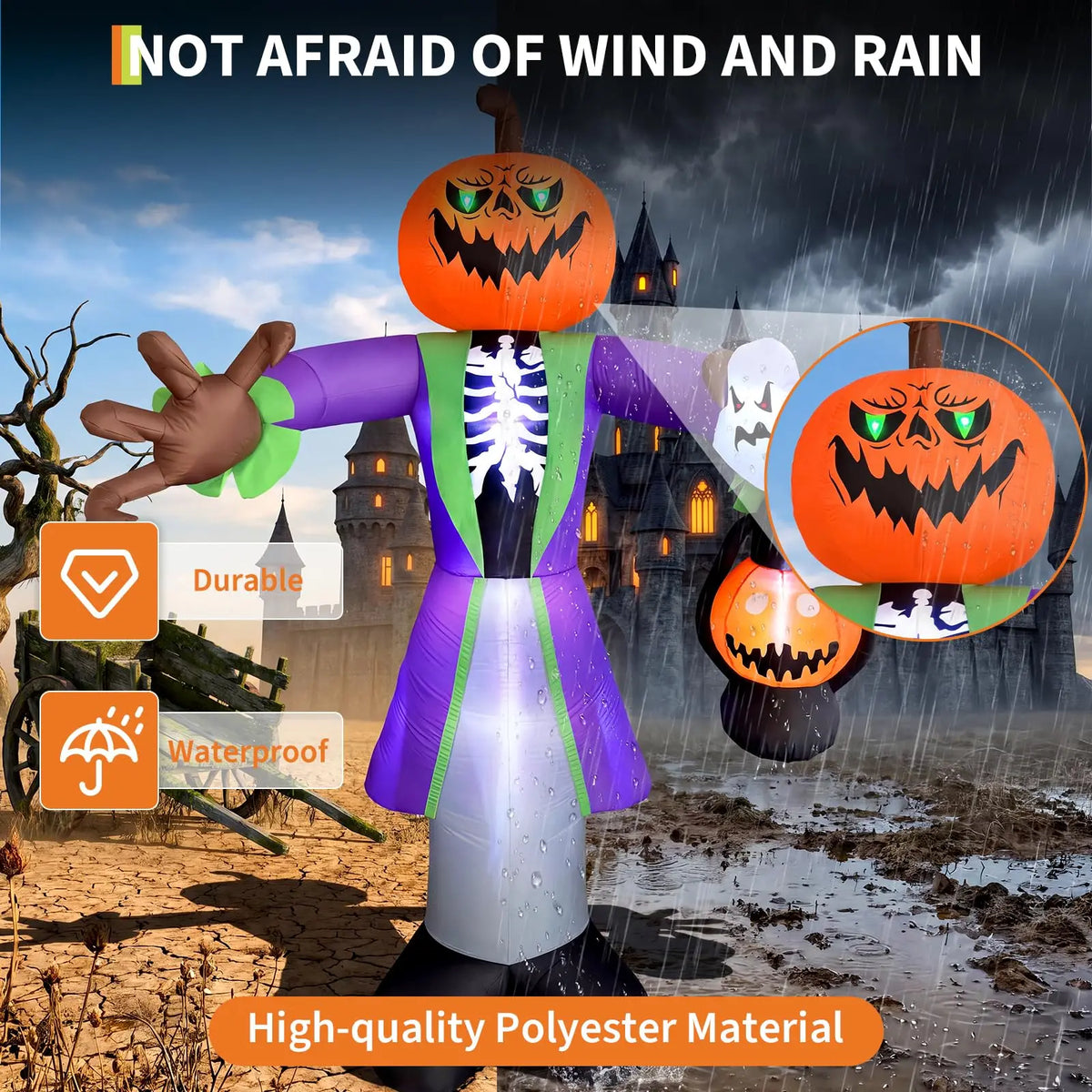 2.4M Lighted Inflatable Halloween Zombie Pumpkin with LED Lights Waterproof Outdoor Yard Decor for Garden Lawn Porch Built in Fan Stakes Spooky Party Holiday Display Supplies