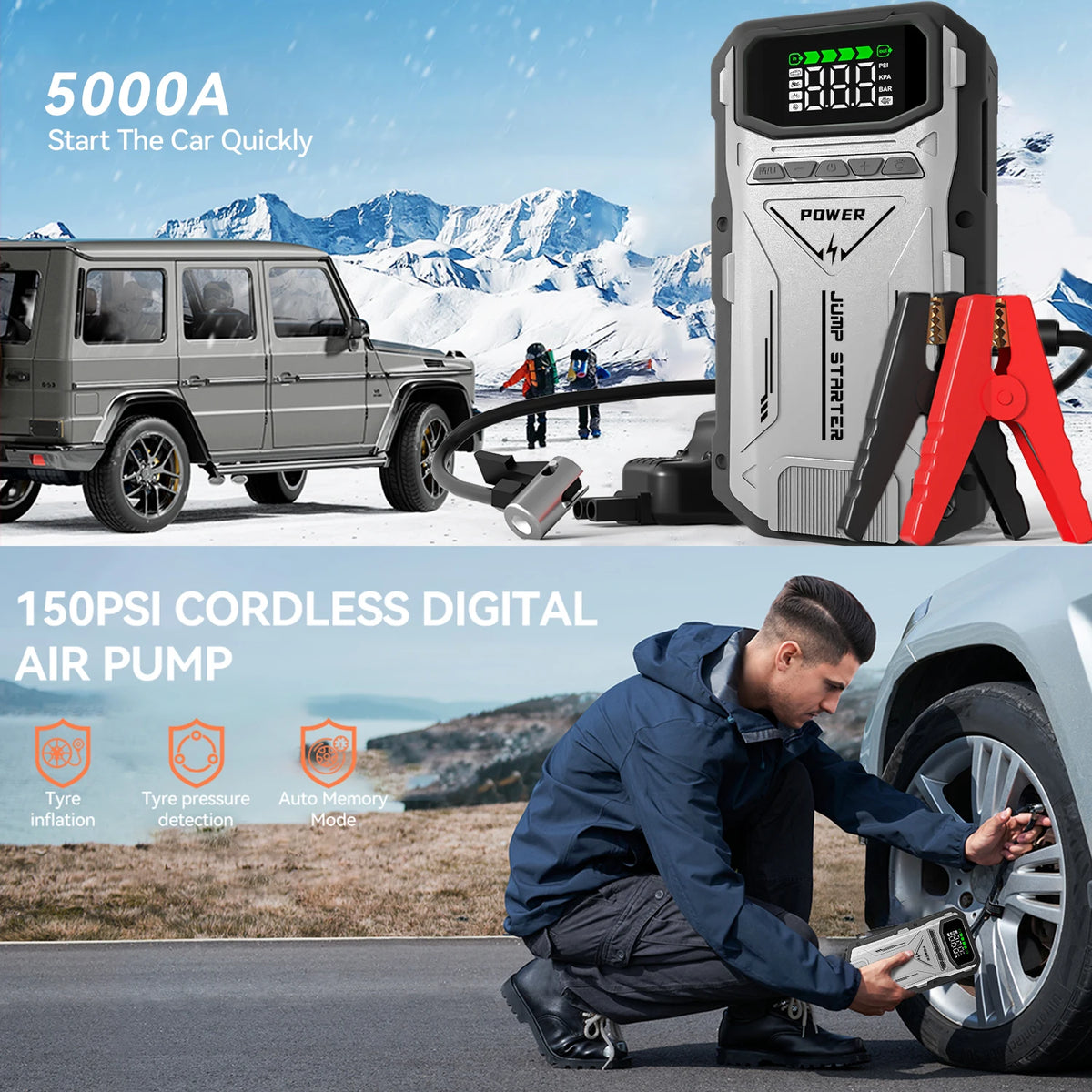 FeatOU Portable Car Jump Starter Air Compressor 5000A Peak Battery