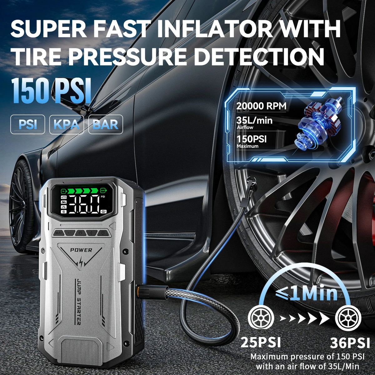 FeatOU Portable Car Jump Starter Air Compressor 5000A Peak Battery