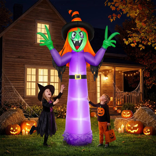 Inflatable Halloween Witch Decoration 360cm Tall Spooky Outdoor Yard Decor with Hat Taffeta Fabric for Spooky House and Party Blow Up Holiday Festival Display Equipment