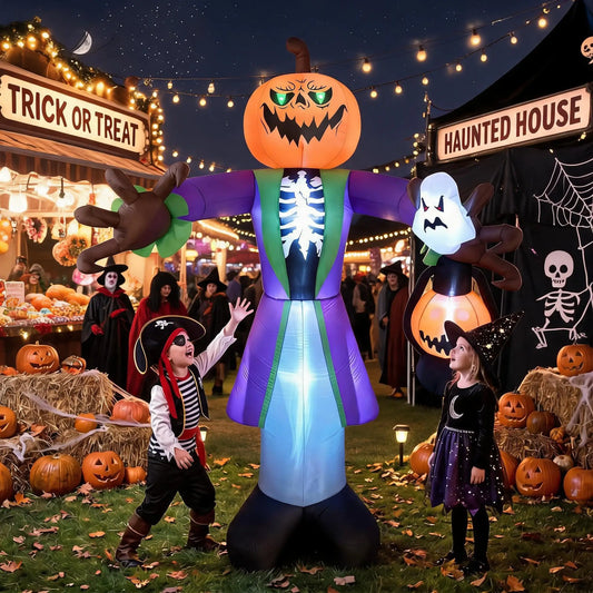 2.4M Lighted Inflatable Halloween Zombie Pumpkin with LED Lights Waterproof Outdoor Yard Decor for Garden Lawn Porch Built in Fan Stakes Spooky Party Holiday Display Supplies
