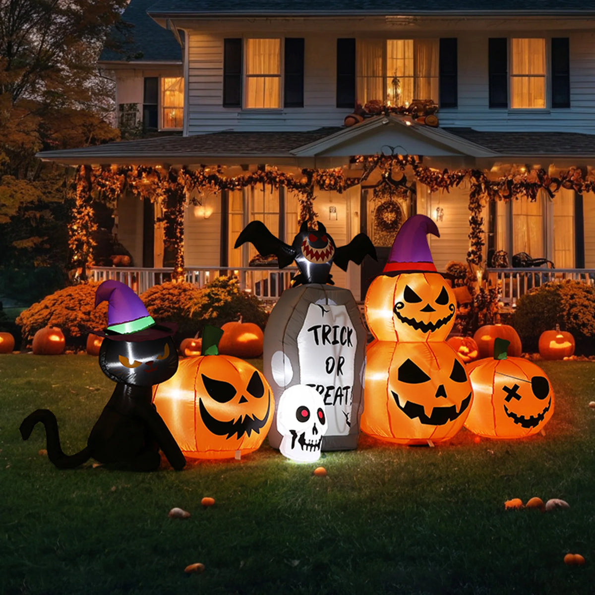 8 ft Long Halloween Inflatables Outdoor Decorations Blow Up Pumpkin Black Cat with Build in LED Lights Bat Tombstone Inflatable Yard Lawn Porch Party Holiday Display Supplies Props