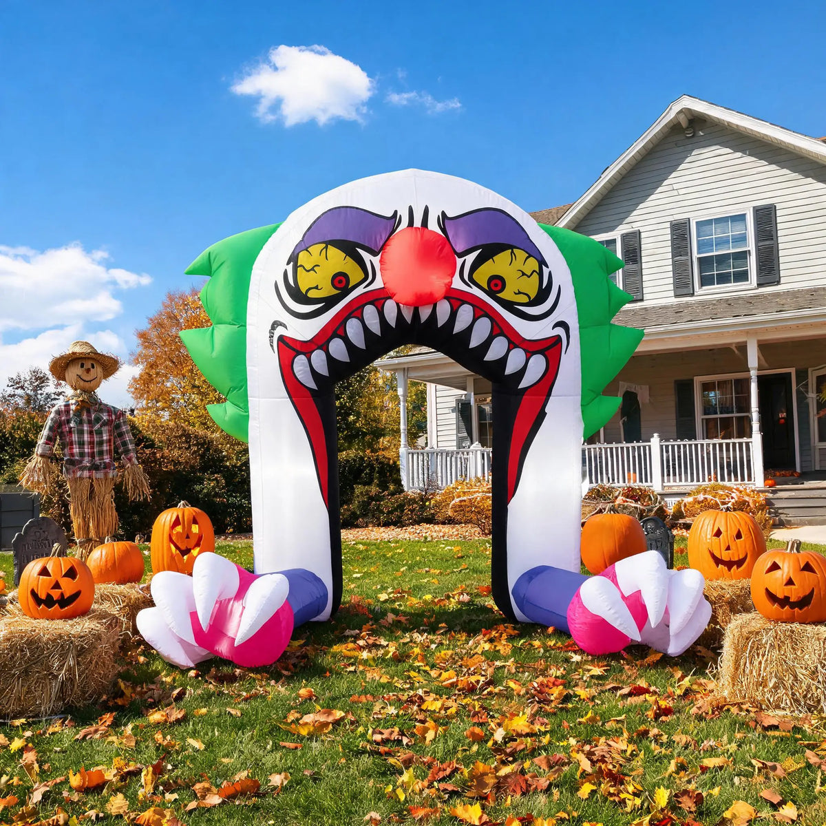 180cm LED Light Up Inflatable Halloween Clown Arch Scary Outdoor Yard Decoration for Lawn and Garden Weather Resistant Blow Up Holiday Party Spooky Night Display Prop Supplies