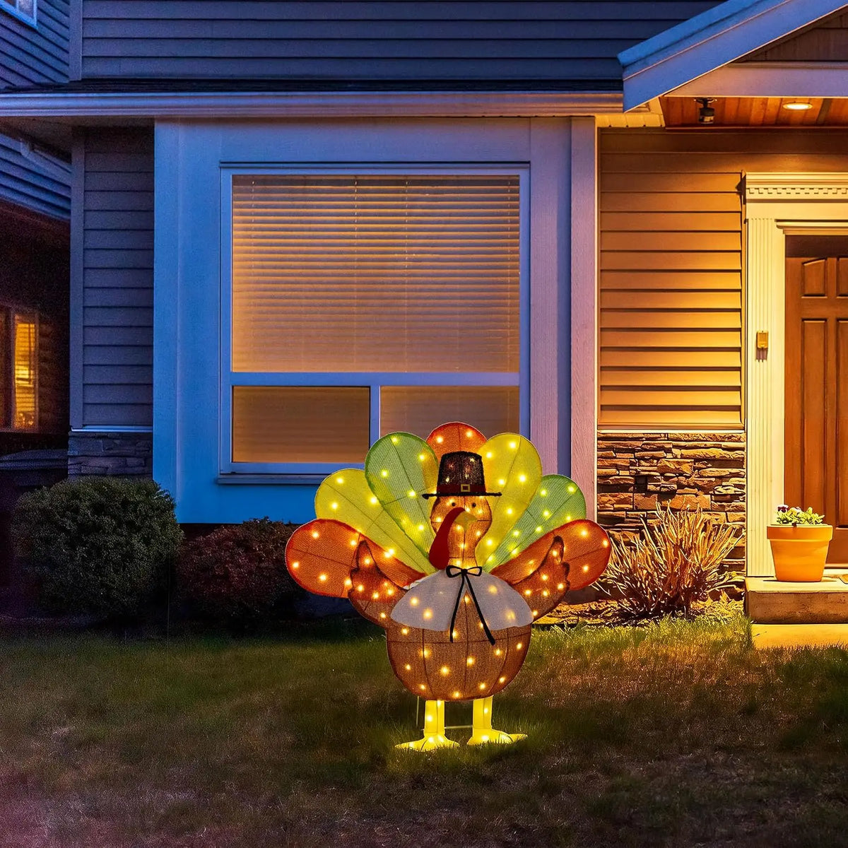 Lighted Thanksgiving Decorations, Turkey Decor with 100 Warm White LED Lights Pilgrim Hat Bow Tie, Outdoor Holiday Display for P