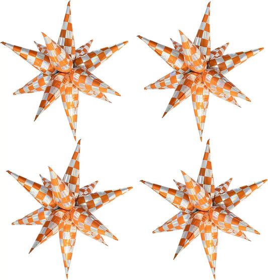 Bright Orange and Iridescent Silver White Checkered Plaid Burst/Explosion Star Foil Balloons Halloween Thanksgiving Gingham Balloon Fall Color Emo Theme Decor Happy Birthday Party Decorations Supplies