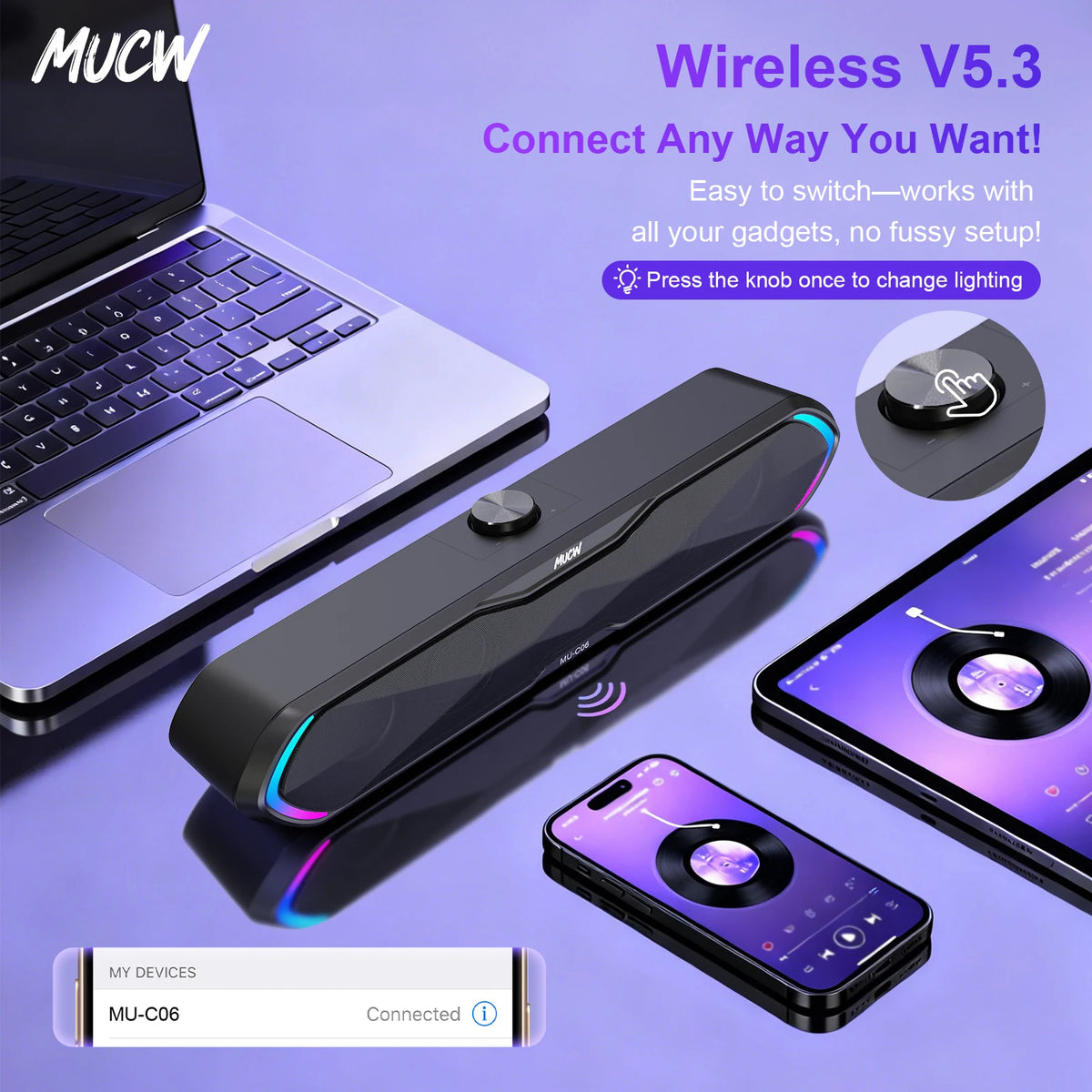 MUCW MU‑C06 PC Soundbar RGB Gaming Computer Speaker USB Plug Play Bluetooth 5.3 Sound Bar 6W Stereo Desktop Speaker for Laptop Mac Phone