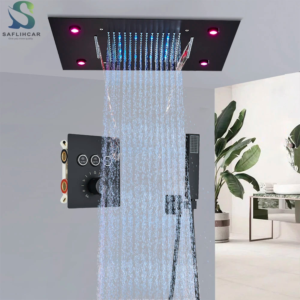 Saflihcar Stainless Steel Ceiling Rainfall Shower Head With LED Faucet