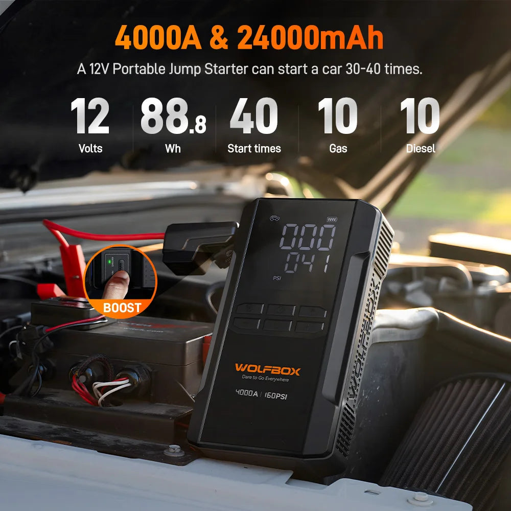 Wolfbox 4000A Portable Jump Starter With Built In Air Compressor
