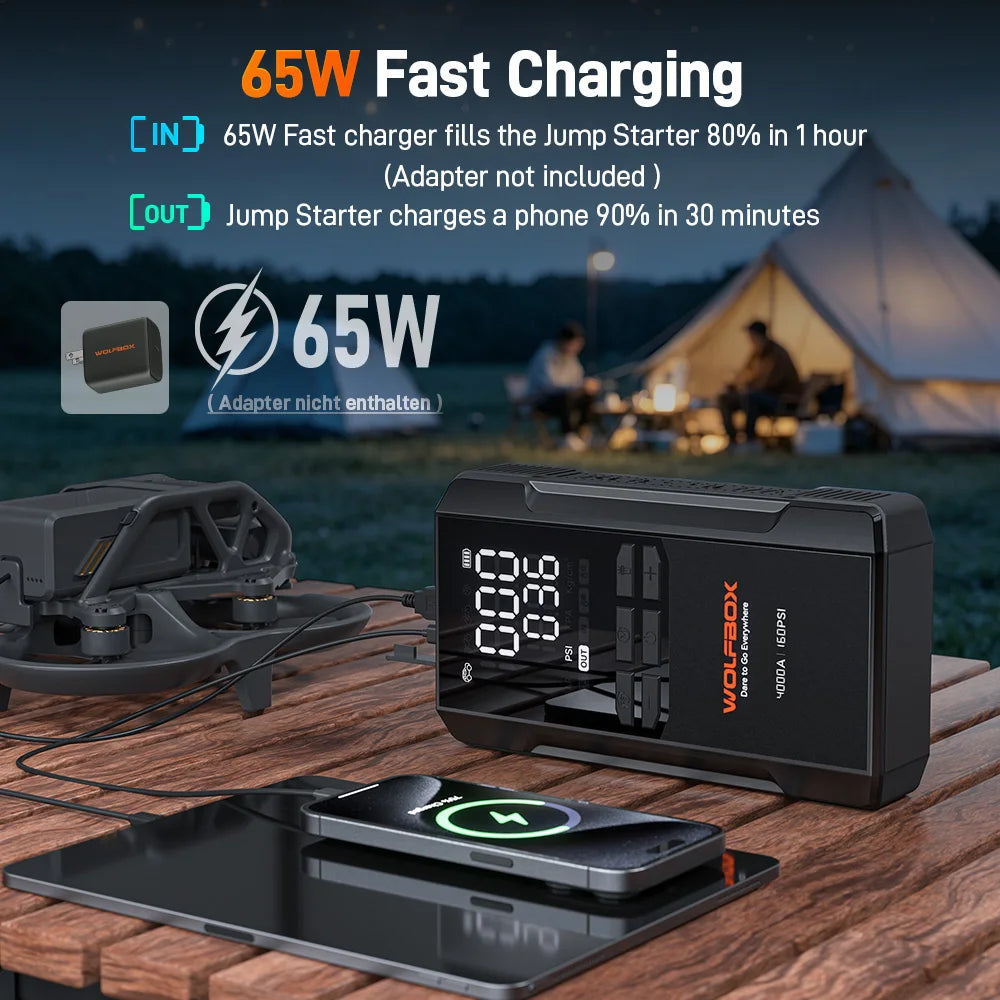 Wolfbox 4000A Portable Jump Starter With Built In Air Compressor