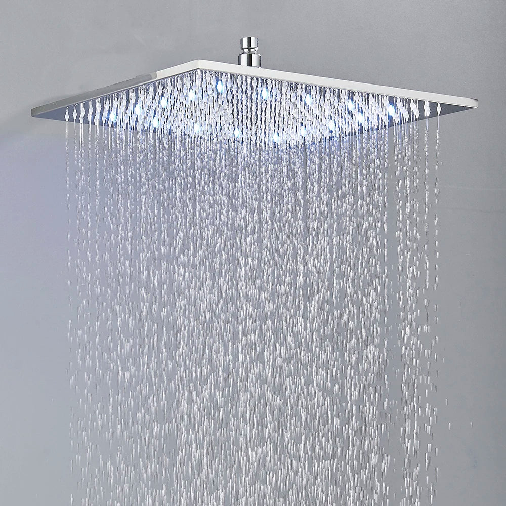 Wall Mounted Square Brass Rainfall Showerhead Featuring Led Lights