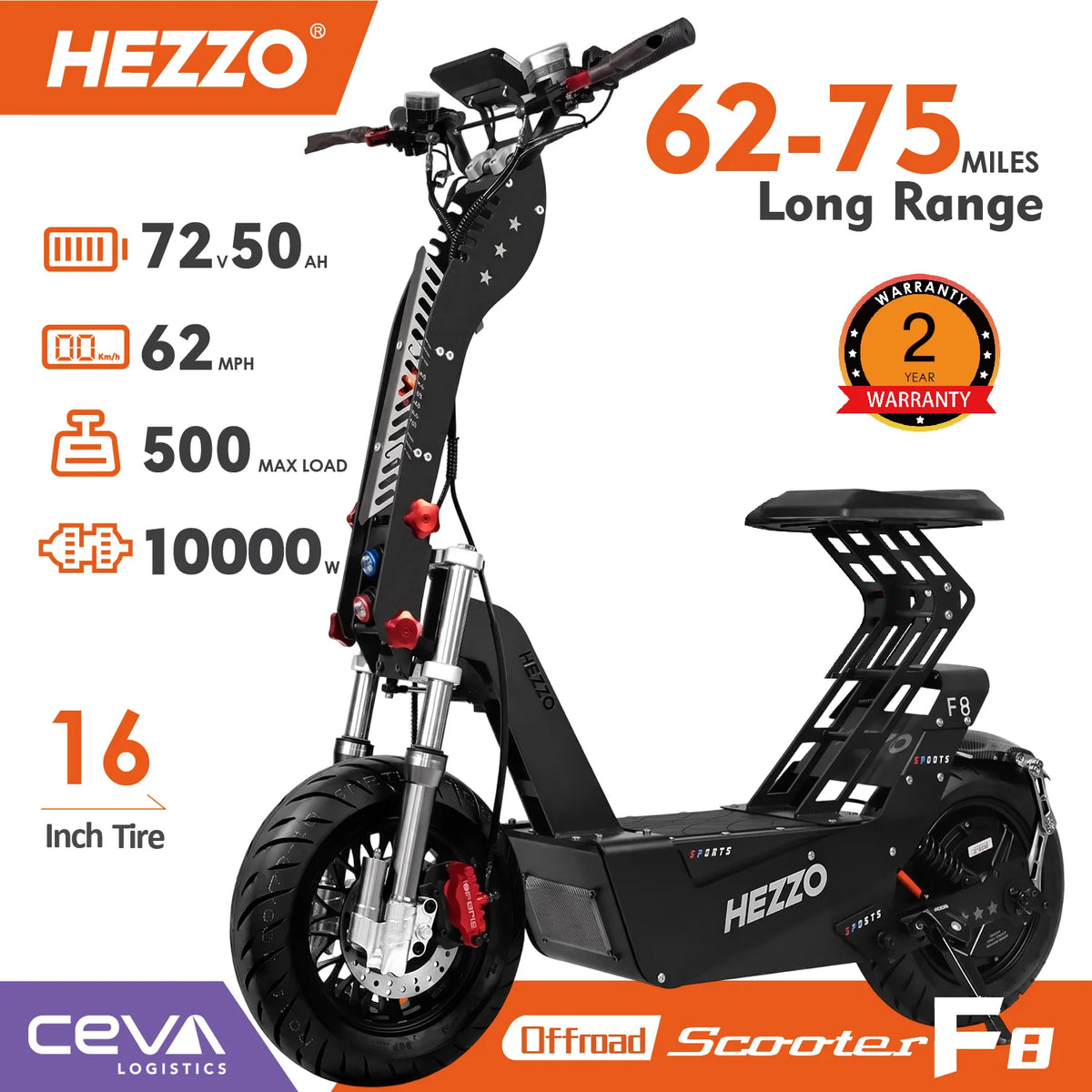 HEZZO F8 16" Escooter 10000W 72V Electric Scooter Off-Road 50Ah 90Miles Foldable Full Suspension 63Mph Powerful Kik Scooter With Seat Hydraulic Brake Black Bage Edition
