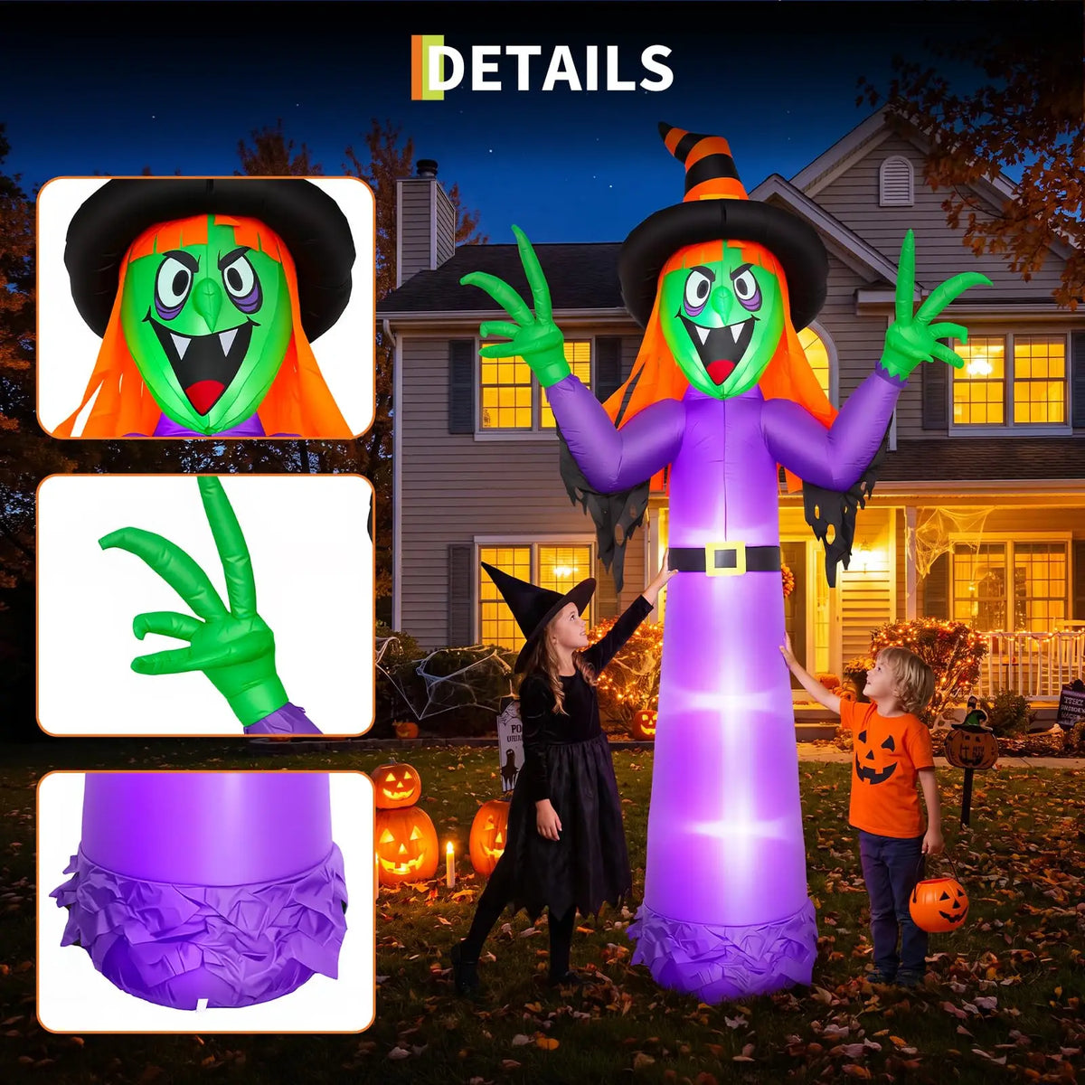 Inflatable Halloween Witch Decoration 360cm Tall Spooky Outdoor Yard Decor with Hat Taffeta Fabric for Spooky House and Party Blow Up Holiday Festival Display Equipment