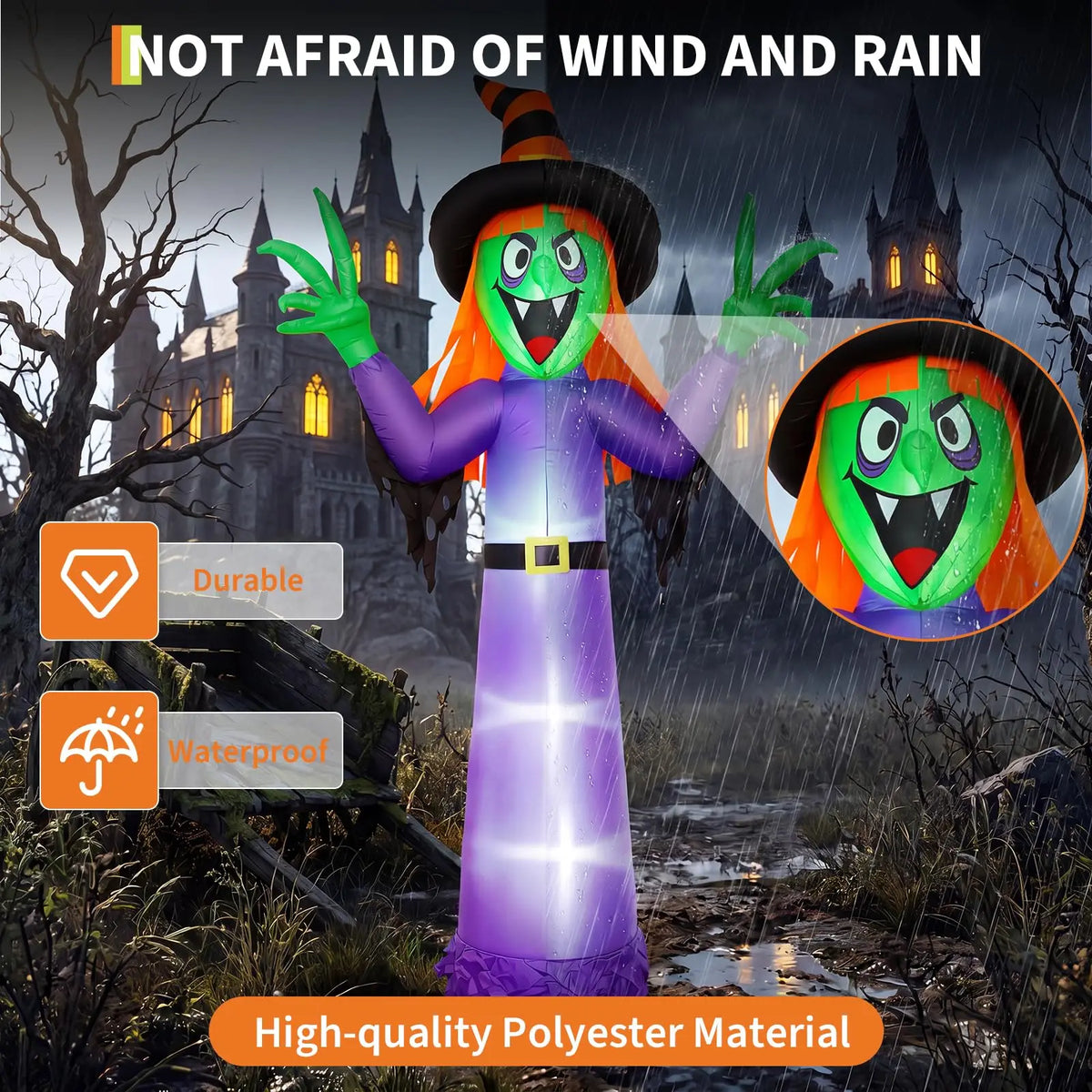 Inflatable Halloween Witch Decoration 360cm Tall Spooky Outdoor Yard Decor with Hat Taffeta Fabric for Spooky House and Party Blow Up Holiday Festival Display Equipment